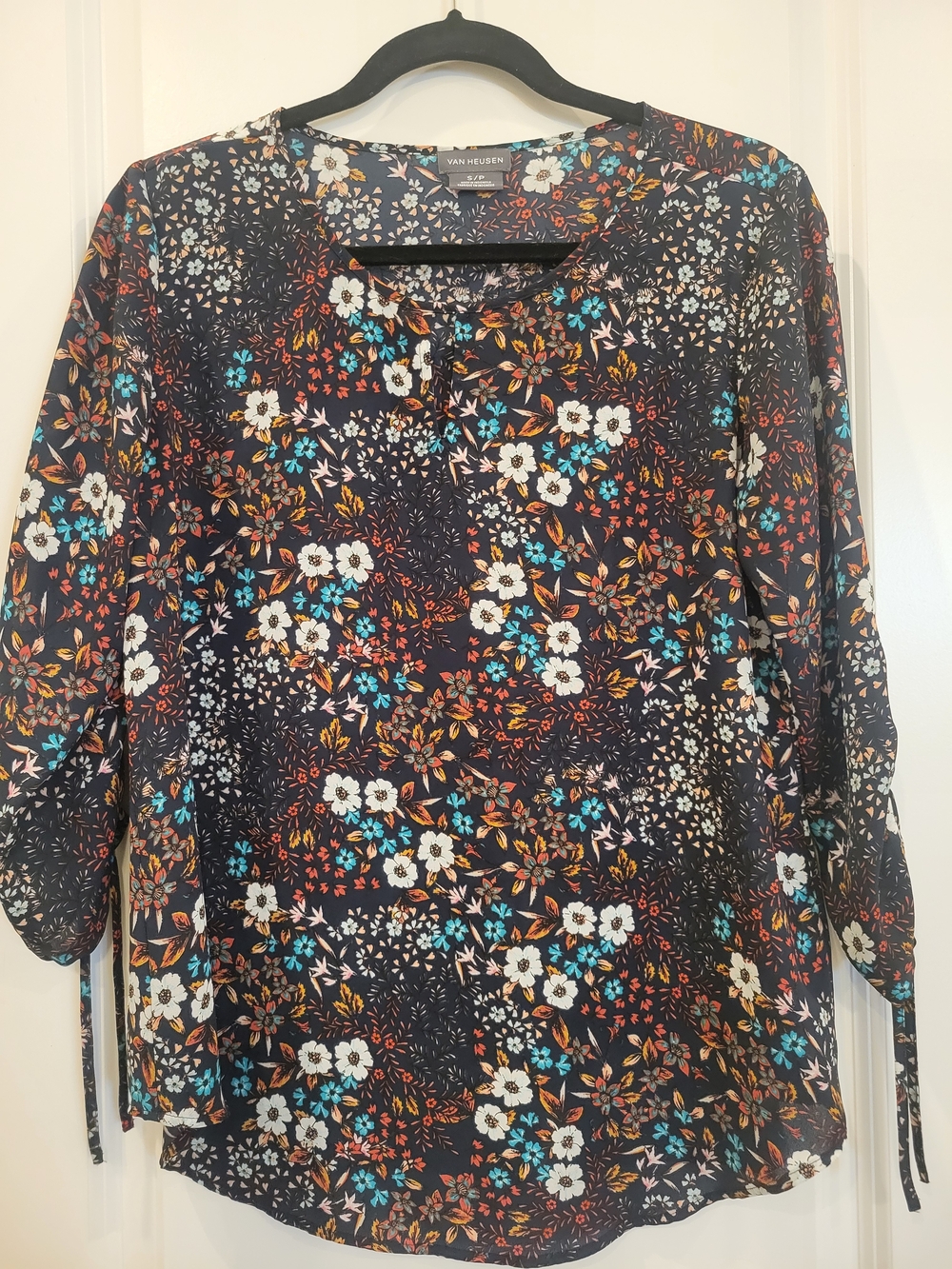 Van Heusen Black Floral Henley Blouse with Multicolor Print